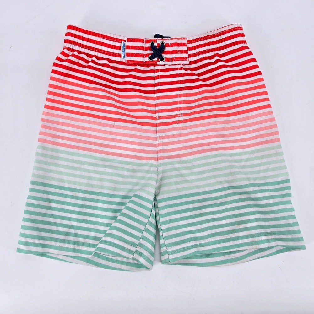 RuggedButts Boys Striped Swim Trunks Red Mint Green Ombre Board Shorts Size 6